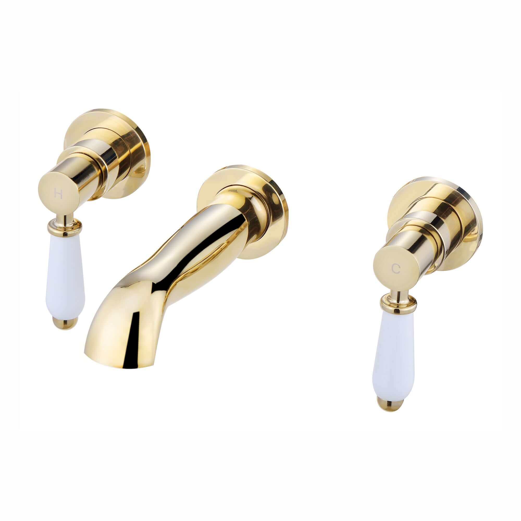 Buy Downton wall-mount basin tap 3 hole with white ceramic levers - gold Online UK | HOUSE OF ENKI